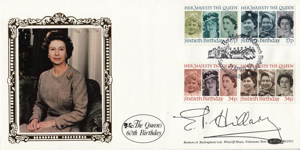 1986 (04) Queen's 60th Birthday - Benham BLCS11 (Sandringham) Official - Signed Edmund Hillary