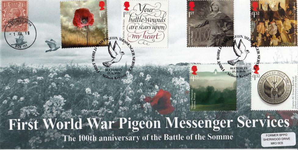 2016 (06) World War I - Bletchley Park Pigeon Messenger Official (Doubled with 1½d KGV)