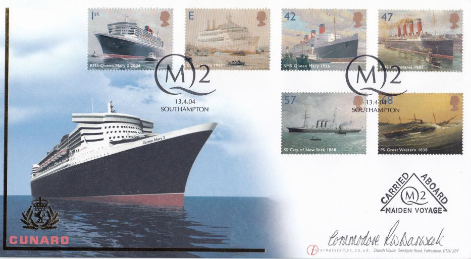 2004 (04) Ocean Liners (Stamps) - Internet QM2 Maiden Voyage Official (Carried) - Signed by Commodore Warwick