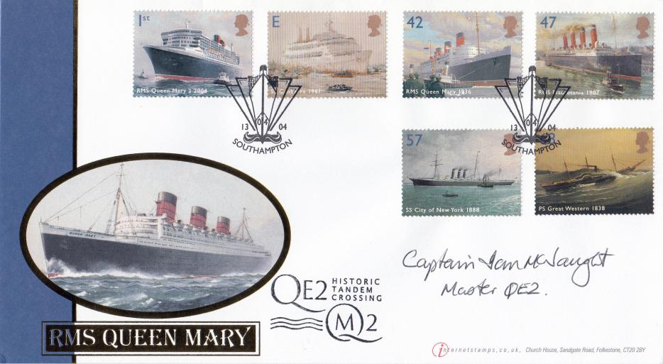 2004 (04) Ocean Liners (Stamps) - Internet RMS Queen Mary QE2/QM2 Tandem Crossing Official - Signed by Captain Ian McNaught