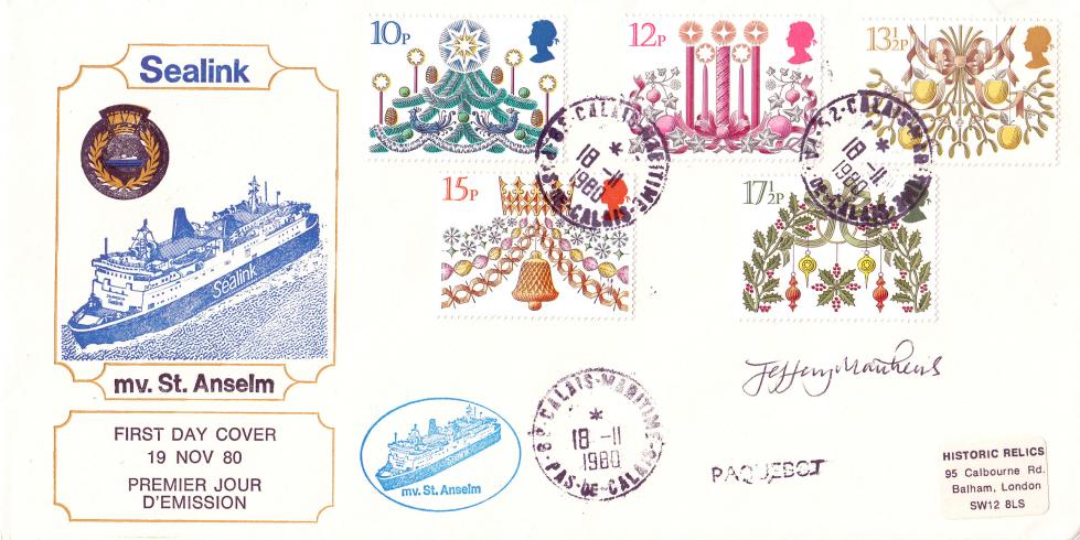 1980 (11) Christmas - Historic Relics Sealink Cover - Pas-de-Calais CDS - PRE-DATED and SIGNED by the Stamp Designer !!!