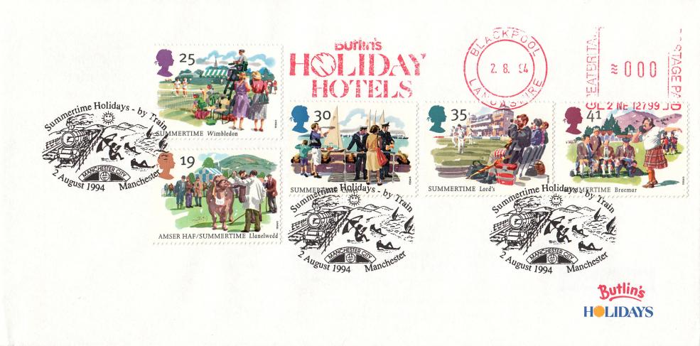 1994 (08) Summertime - Butlin's Holidays Cover - Butlin's Holidays Meter Mark - Holidays by Train H/S