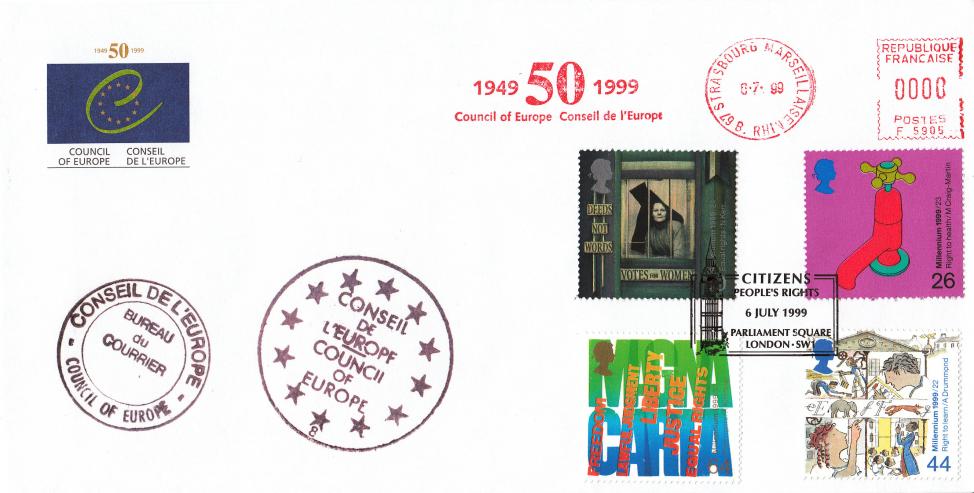 1999 (07) Citizens - Council of Europe Cover - Council of Europe Meter Mark - Parliament Square H/S