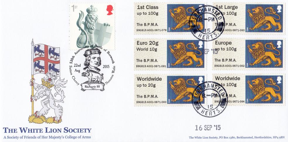 2015 (09) Heraldic Beasts Post & Go BPMA Overprinted White Lion Official - Berkhamsted H/S