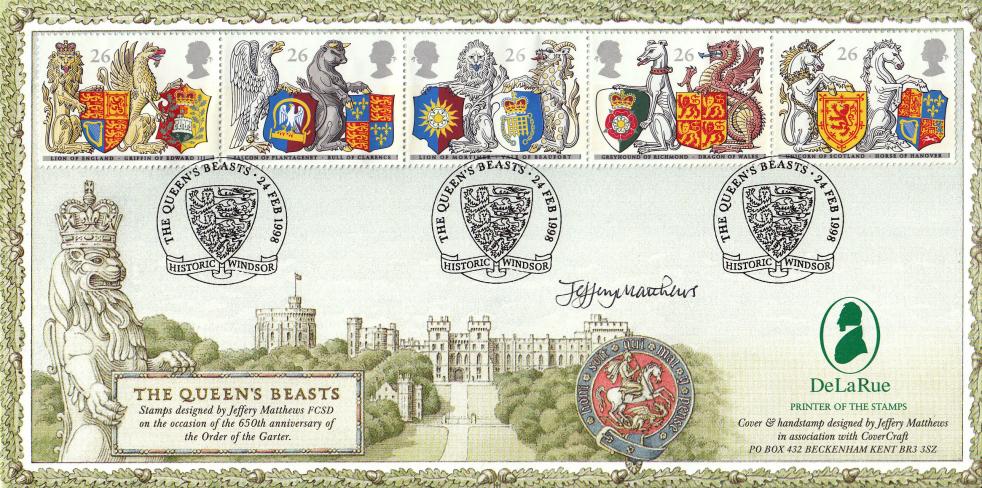 1998 (02) Queen's Beasts - Covercraft Historic Windsor (3 Lions) Official - Signed by the stamp designer - Jeffery Matthews - WITH DLR Logo