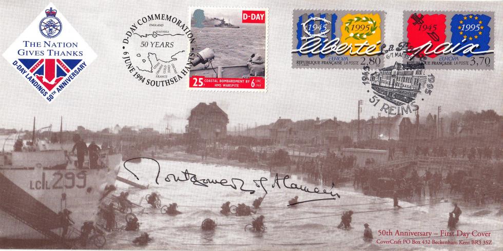 1994 (06) D-Day - Covercraft Park (Southsea) Official - Doubled  With French VE Day Stamps, and signed by 2nd Viscount Montgomery of Alemein