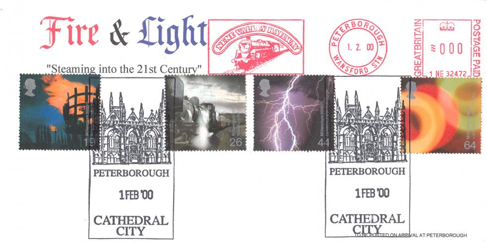 2000 (02) Fire and Light - Nene Valley Railway Cover (Alternative Version) - Nene Valley Railway Meter Mark - Peterborough Cathedral City H/S