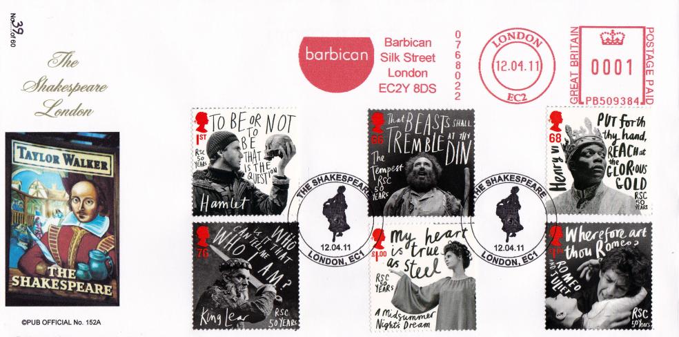 2011 (04) Royal Shakespeare Co (Stamps) - Julian Bevan 'The Shakespeare' Pub Official + Barbican Meter Mark