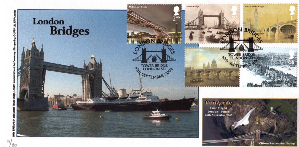 2002 (09) London Bridges - Cambridge 'HMY Britannia Under Tower Bridge' Official + Concorde Last Flight Label