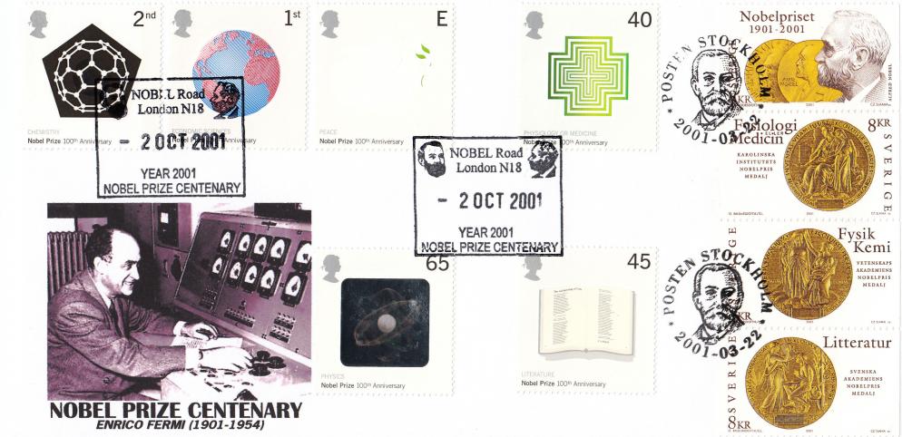 2001 (10) Nobel Prizes - Peter Payne Enrico Fermi, Nobel Road, N18 Official - DOUBLED 4 x Swedish Nobel Prizes Stamps & Cancel
