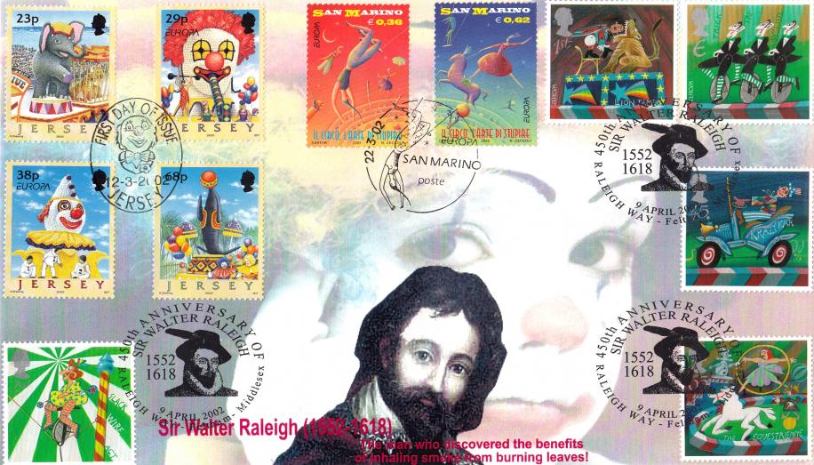 2002 (04) Circus - Peter Payne Sir Walter Raleigh 450th Anniversary Official - TRIPLED in San Marino & Jersey