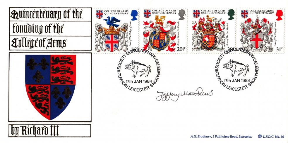 1984 (01) Heraldry - Bradbury LFDC (Richard III Society) Official - Signed by Jeffrey Matthews