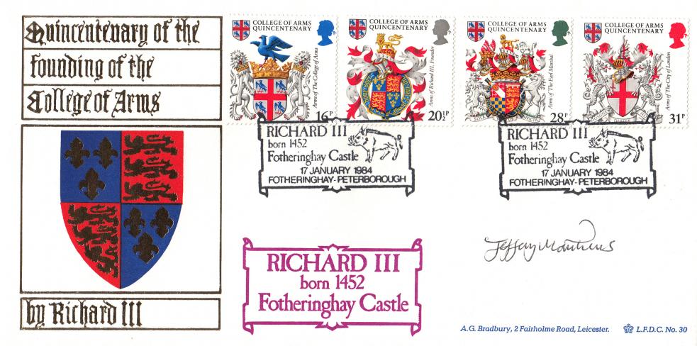 1984 (01) Heraldry - Bradbury LFDC (Fotheringhay Castle) Official - Signed by Jeffrey Matthews