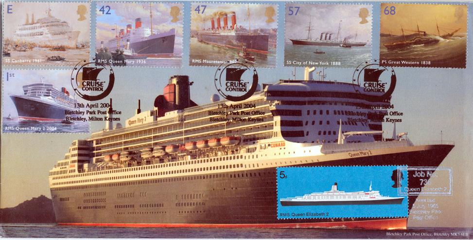 2004 (04) Ocean Liners (Stamps) - Bletchley Park Official (Posted on Board the QEII) + 1969 QEII Stamp