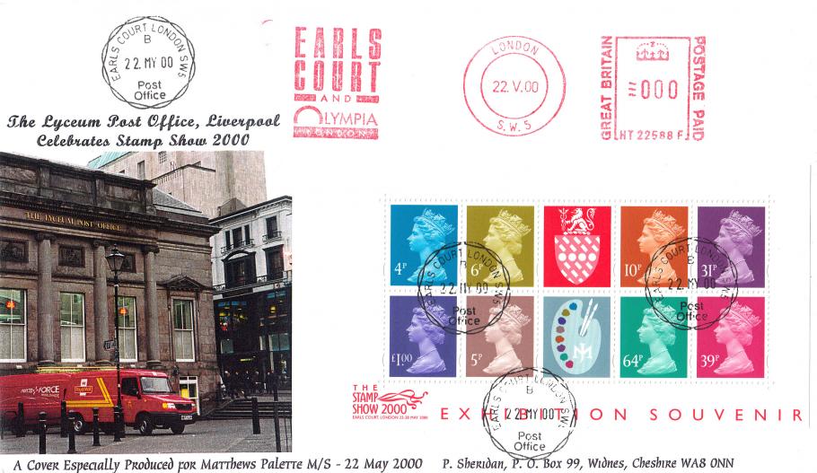2000 (05) Stamp Show 2000 Matthews Palette M/S - Sheridan 'Special' - Earls Court CDS + Earls Court & Olympia Meter Mark