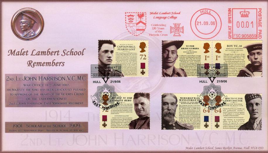 2006 (09) Victoria Cross (Stamps) - John Bryan Malet Lambert School Official + Malet Lambert School Meter Mark