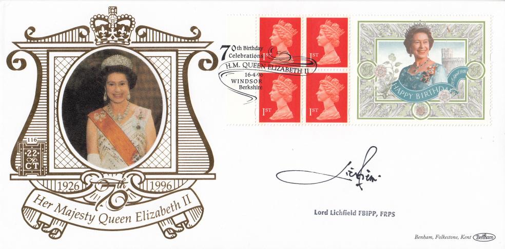 1996 (04) Queen's 70th Birthday Label - Benham Gold (500) Official - Signed by the late Lord Lichfield