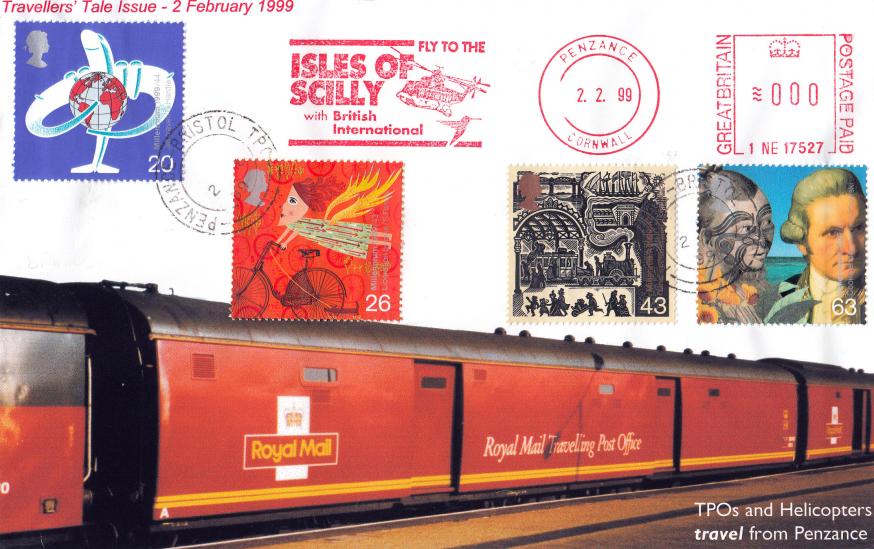 1999 (02) Travellers - Classic Cover - Penzance-Bristol TPO - Fly To The isles of Scilly Meter Mark