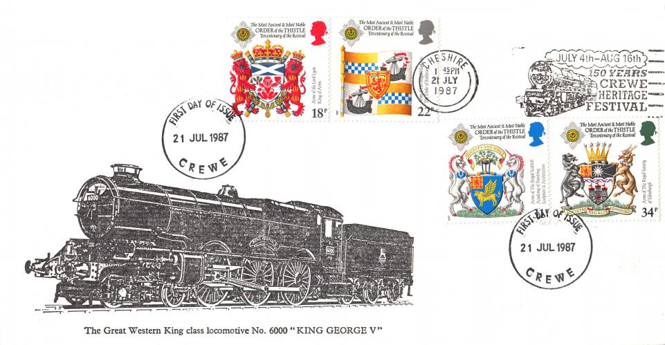 1987 (07) Scottish Heraldry - Great Western King Class Loco Cover - Crewe Heritage Festival Slogan