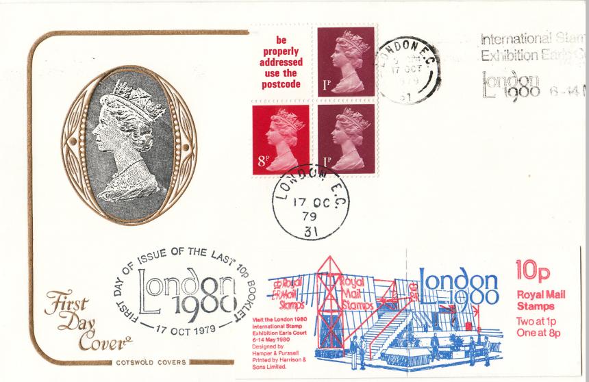 1979 (10) FA10 10p London 1980 Folded Booklet - Cotswold - International Stamp Exhibition Slogan PLUS London EC CDS + H/S