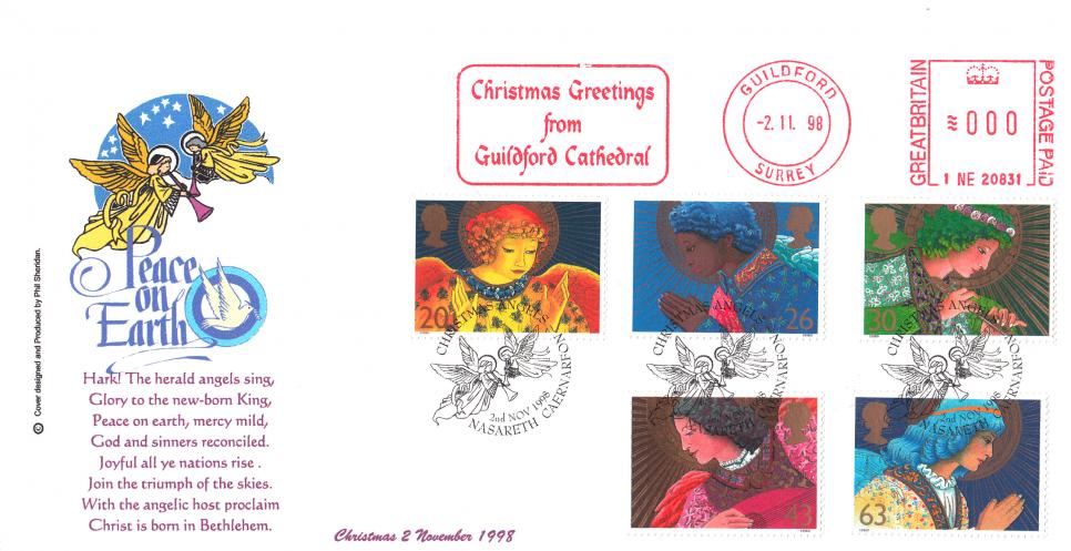 1998 (11) Christmas - Sheridan 'Special' - Nasareth 'Angels' H/S + Christmas Greetings From Guildford Cathedral Meter Mark