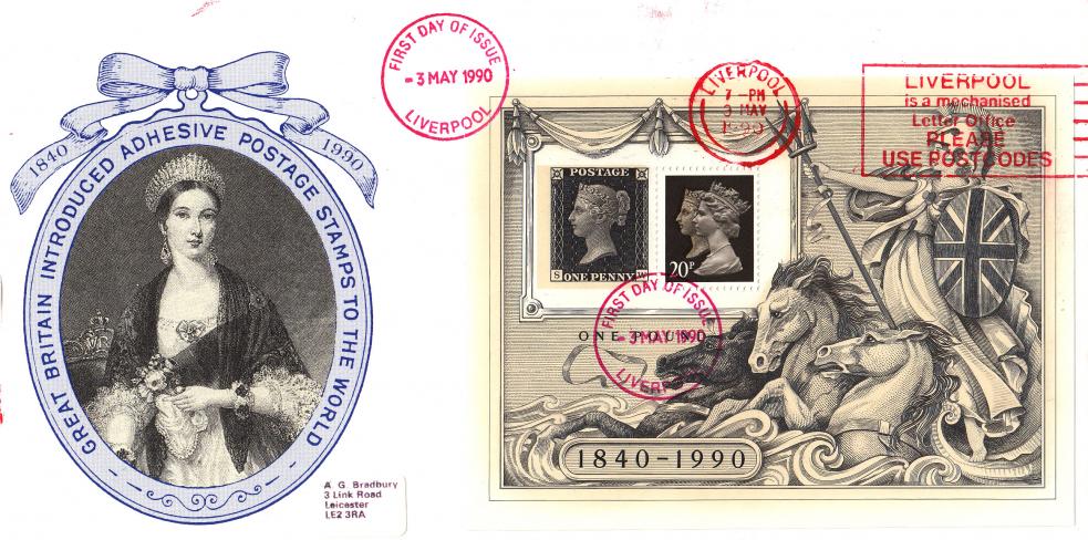 1990 (05) Penny Black M/S - Bradbury Perkins Bacon Official - Liverpool Is a Mechanised Letter Office Slogan
