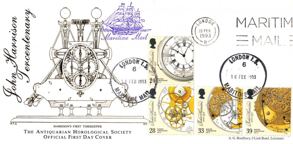 1993 (02) Marine Timekeepers - Bradbury Antiquarian Horological Society Official - Maritime Mail Slogan