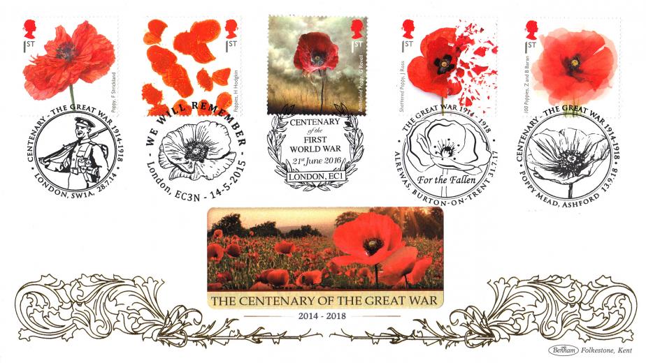 2014 (07) - 2018 (09) The Great War Centenary - Benham Cover Collection (30 Official Handstamps)