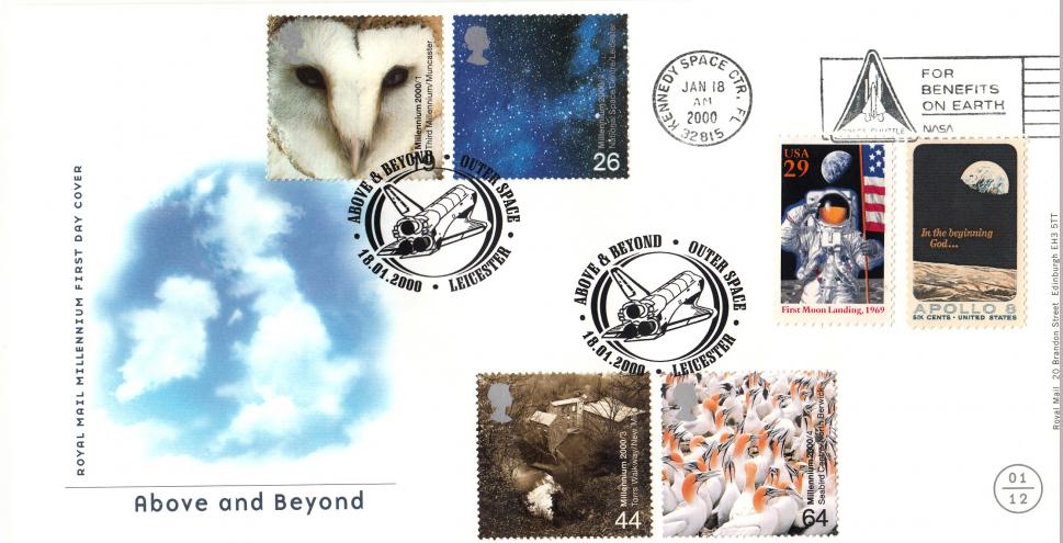 2000 (01) Above and Beyond - RM - USA/GB 'Double' - Outer Space, Leicester H/S + Kennedy Space Centre Meter Mark over a Pair of USA 'Space' Stamps