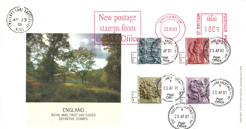 2001 (04) English Pictorial Regionals - RM - Englands Lane CDS + New Postage Stamps From The Post Office Meter Mark (Cylinder No Versions)