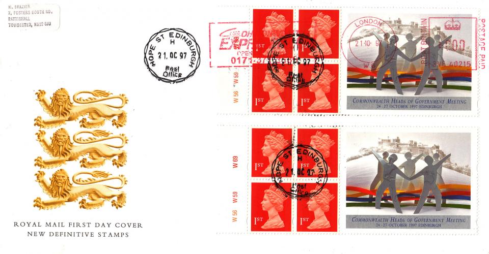 1997 (10) Commonwealth Heads of Government Label - RM - Hope St, Edinburgh CDS + The Commonwealth Experience Meter Mark