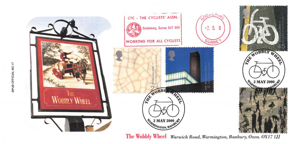 2000 (05) Art & Craft - Brazier 'The Wobbly Wheel' Pub Official + CTC - The Cyclists' Association Meter Mark