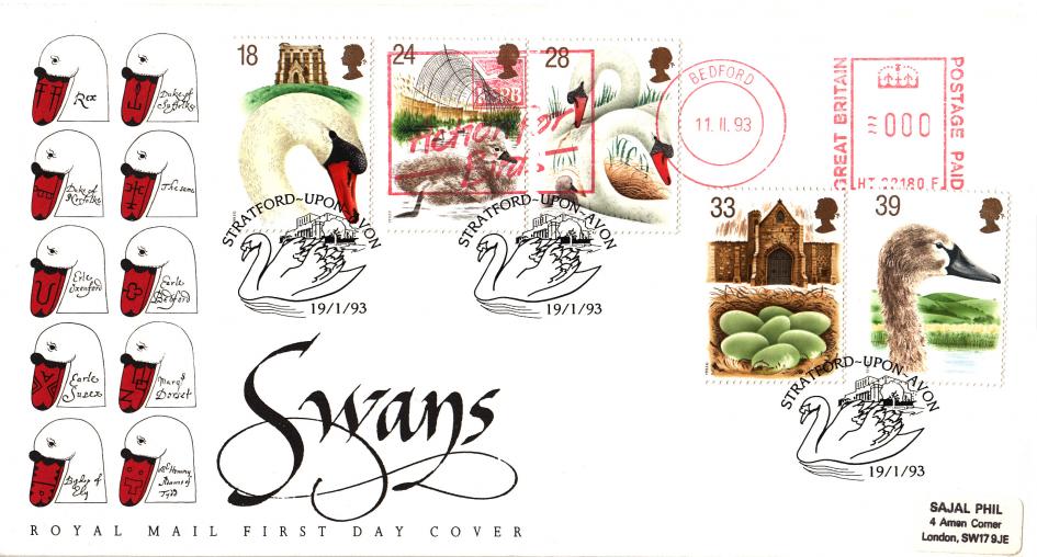 1993 (01) Swans - RM - Stratford Upon Avon 'Swan' H/S + RSPB Action For Birds Meter Mark