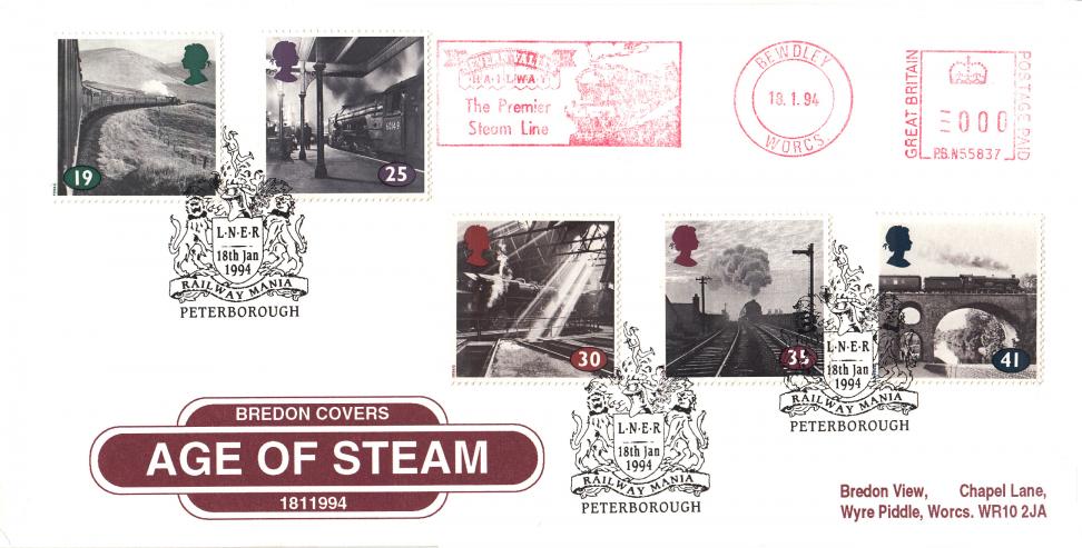 1994 (01) The Age of Steam - Bredon 'Station Sign' cover - LNER Peterborough H/S + Seven Valley Railway Meter Mark