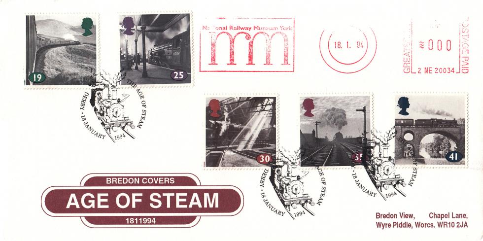 1994 (01) The Age of Steam - Bredon 'Station Sign' cover - Age of Steam, Derby H/S + NRM National Railway Museum Meter Mark