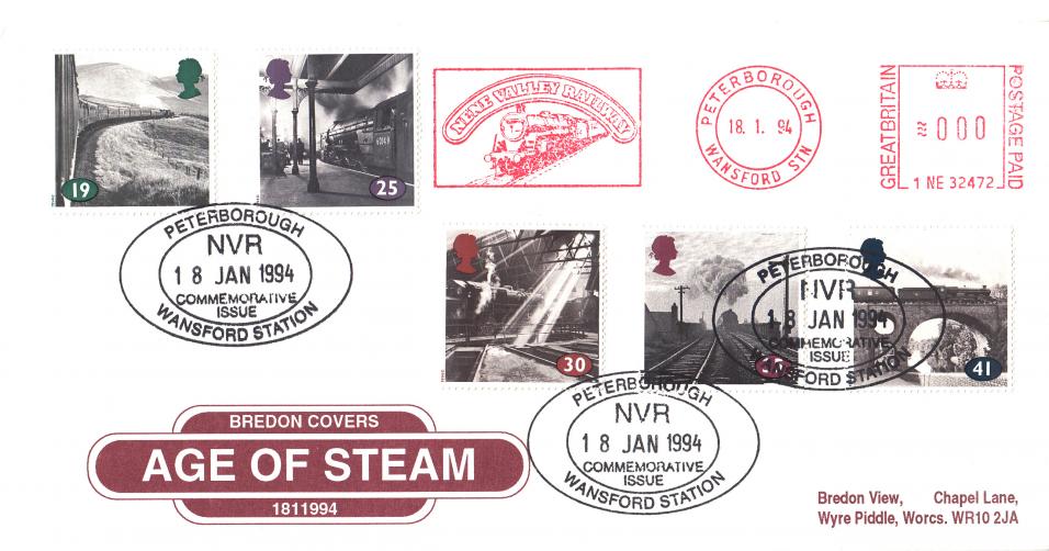 1994 (01) The Age of Steam - Bredon 'Station Sign' cover - NVR Peterborough H/S + Nene Valley Railway Meter Mark