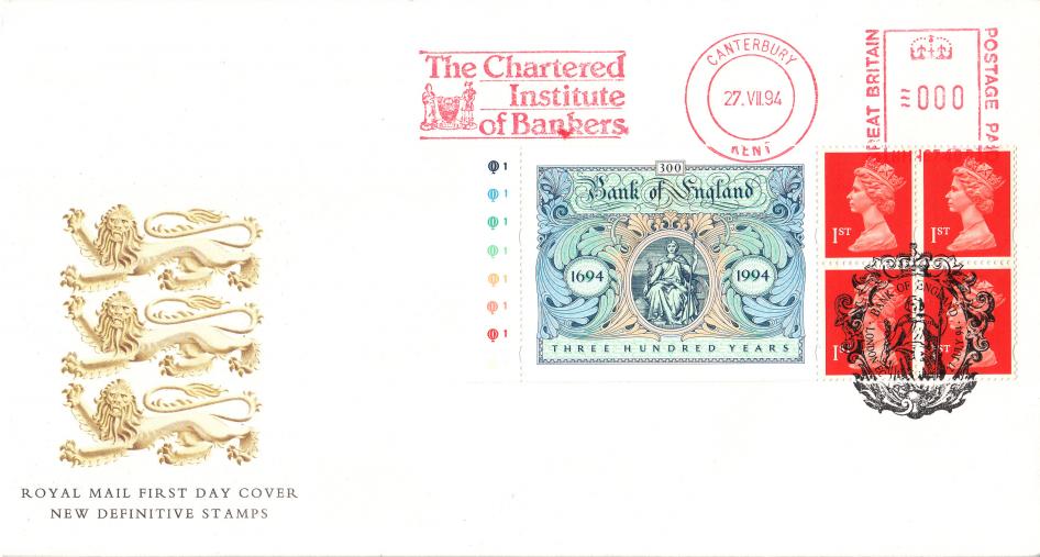 1994 (07) Bank of England Label - RM - Bank of England 'Britannia' H/S + The Chartered Institute of Bankers Meter Mark