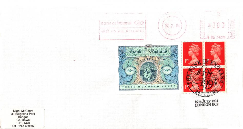 1994 (07) Bank of England Label - Prudential, Holborn Cover - Bank of England, 1694-1994 H/S + Bank of Ireland Meter Mark