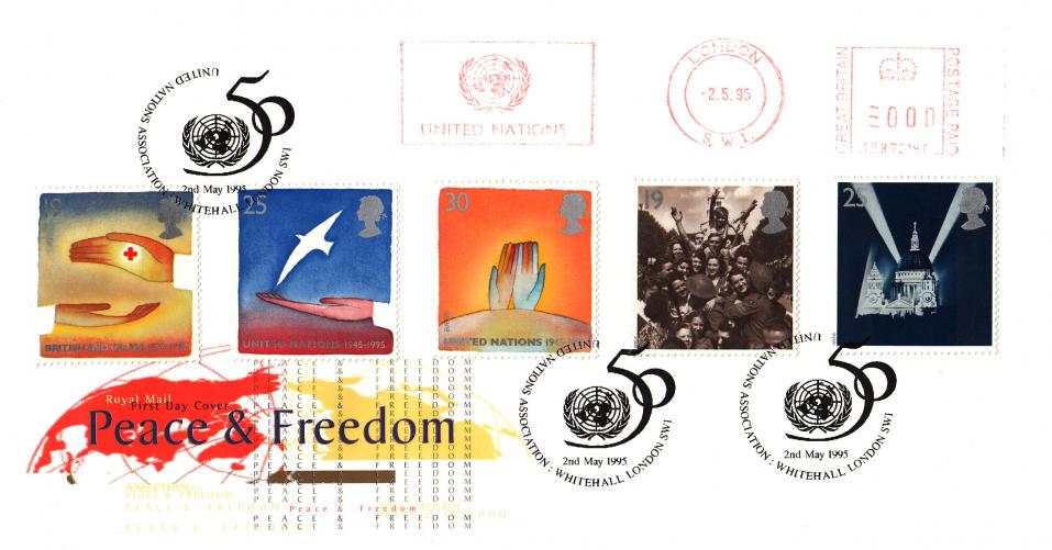 1995 (05) VE Day - RM - United Nations, Whitehall H/S + United Nations Meter Mark - WITH UN50 Anniversary Cachet on the rear!