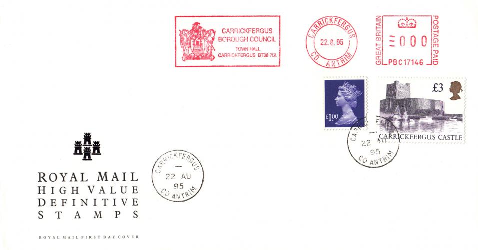 1995 (08) £3 Castle High - RM - Carrickfergus CDS + Carrickfergus Borough Council Meter Mark