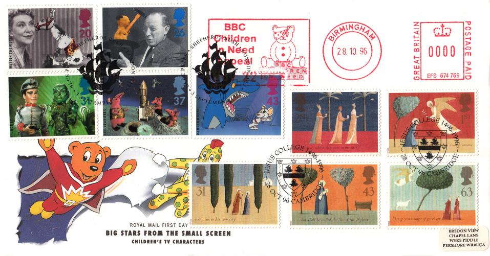 1996 (10) Christmas - RM - Jesus College, Cambridge H/S + BBC Children In Need Meter Mark - But also WITH the Sept 1996 Children's TV Issue added