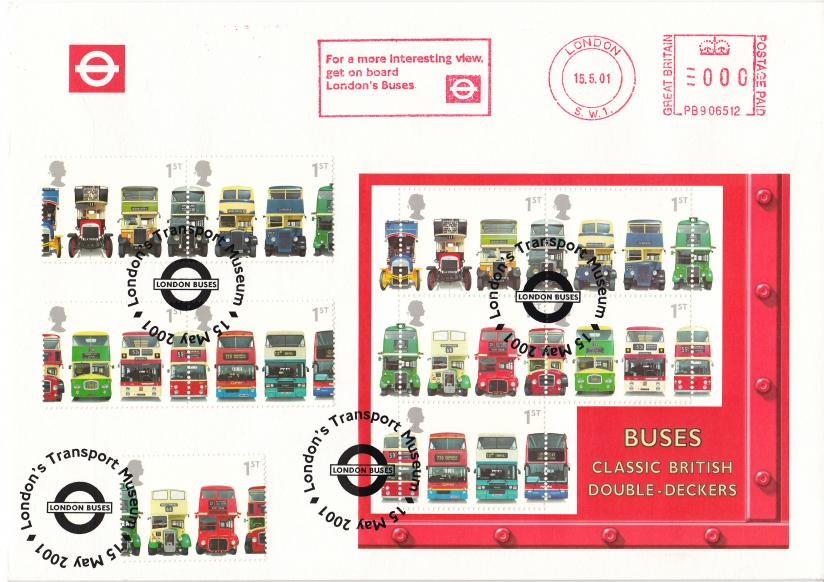 2001 (05) Buses (Stamps + M/S Double) - London Transport Cover - 'Transport Museum' H/S + Get On Board London's Buses Meter Mark