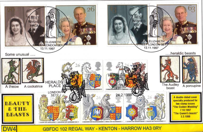 1997 (11) Golden Wedding + 1998 (02) Queen's Beasts - GB Covers (Derek Williams) Double Official