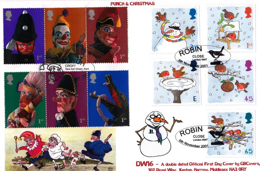 2001 (09) Puppets (Stamps) + 2001 (11) Christmas - GB Covers (Derek Williams) Double Official