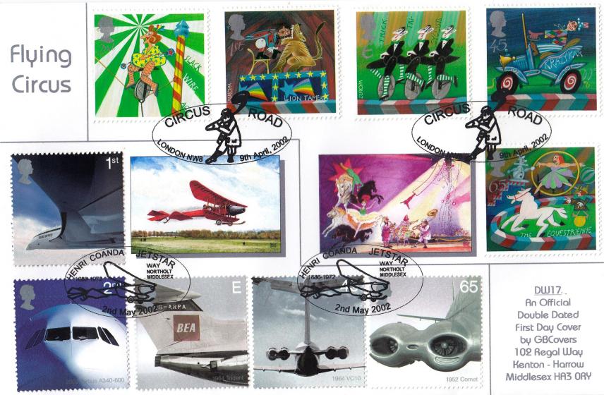 2002 (04) Circus + 2002 (05) Airliners (Stamps) - GB Covers (Derek Williams) Double Official