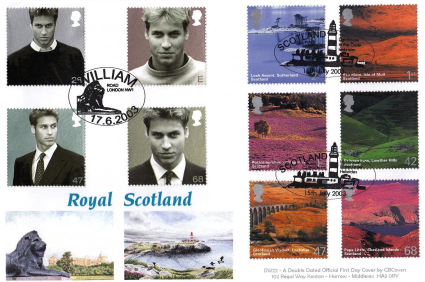 2003 (06) Prince William's 21st Birthday + 2003 (07) Scotland) - GB Covers (Derek Williams) Double Official