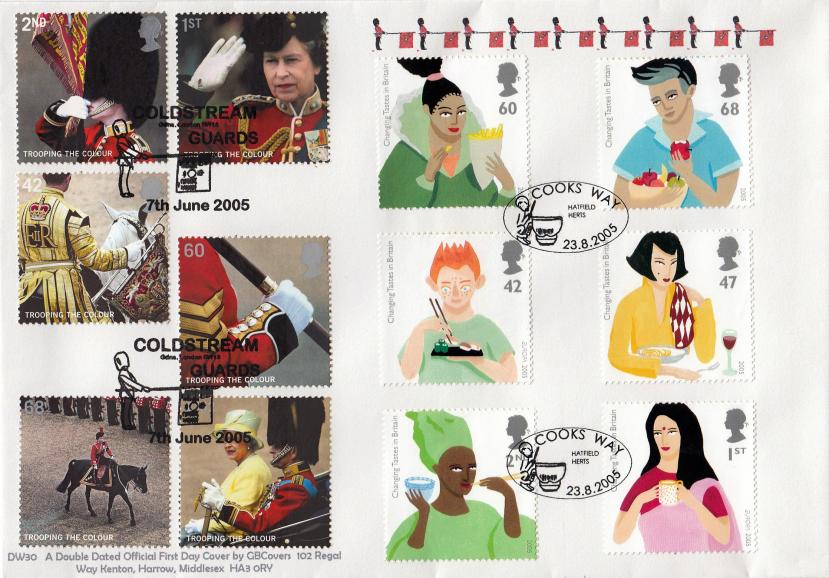 2005 (06) Trooping The Colour (Stamps) + 2005 (08) Changing Tastes - GB Covers (Derek Williams) Double Official
