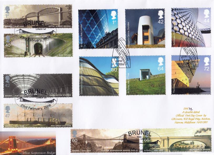 2006 (02) Brunel (Stamps) + 2006 (06) Modern Architecture - GB Covers (Derek Williams) Double Official