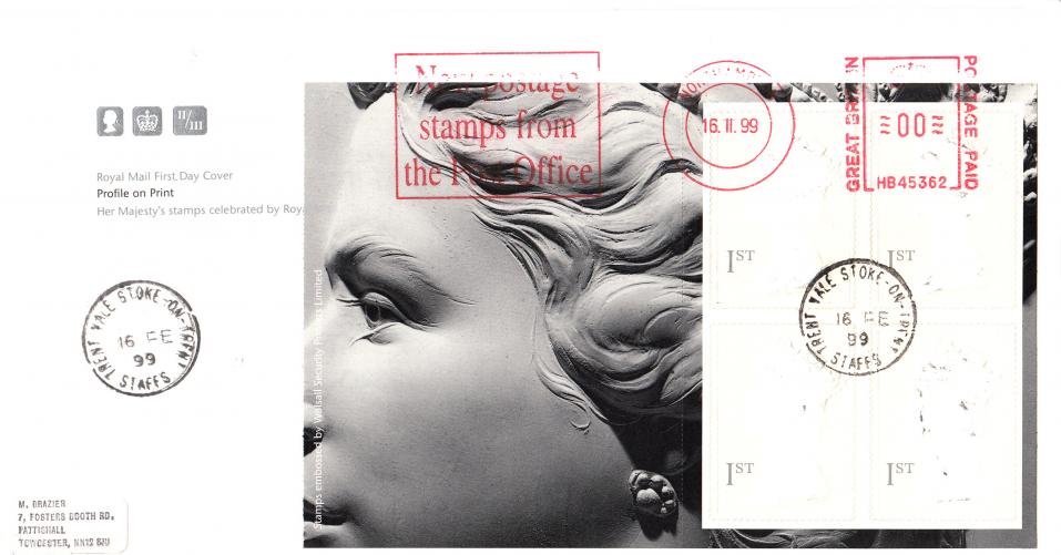 1999 (02) Profile On Print PSB - RM x 5 - Trent Vale, Stoke On Trent CDS + New Postage Stamps From The Post Office Meter Mark