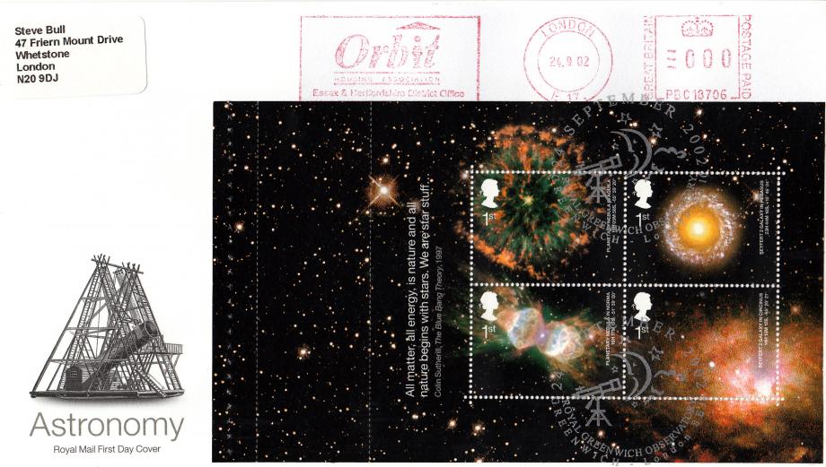 2002 (09) Astronomy (Prestige Book) - RM x 4 - Royal Greenwich Observatory H/S + Orbit Meter Mark